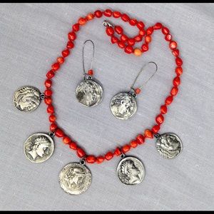 Vintage Coral & Greek Coin Necklace & Earrings Set